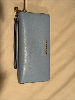 Michael Kors Baby Blue Pebbled Leather Wristlet Wallet with Gold Hardware
